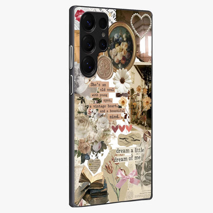 Aesthetic Brown Vintage Collage Glass Case upright view showcasing nostalgic retro artwork with stylish vintage theme.