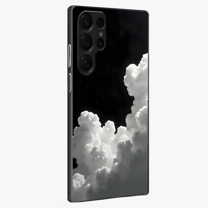 Black Background With White Cloud Glass Case upright view showcasing calm cloud aesthetic with modern minimal style.