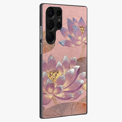 Blossom Mist Lotus Glass Case upright view showcasing graceful lotus flower design with peaceful botanical style.