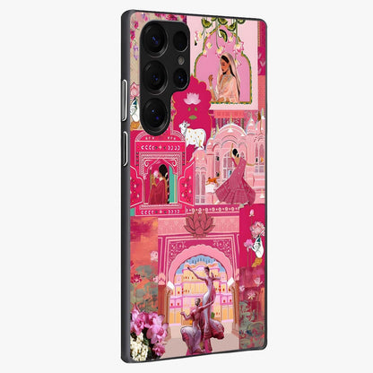 Blossoms of Rajasthan Glass Case upright view showcasing colorful floral design inspired by traditional Indian art.