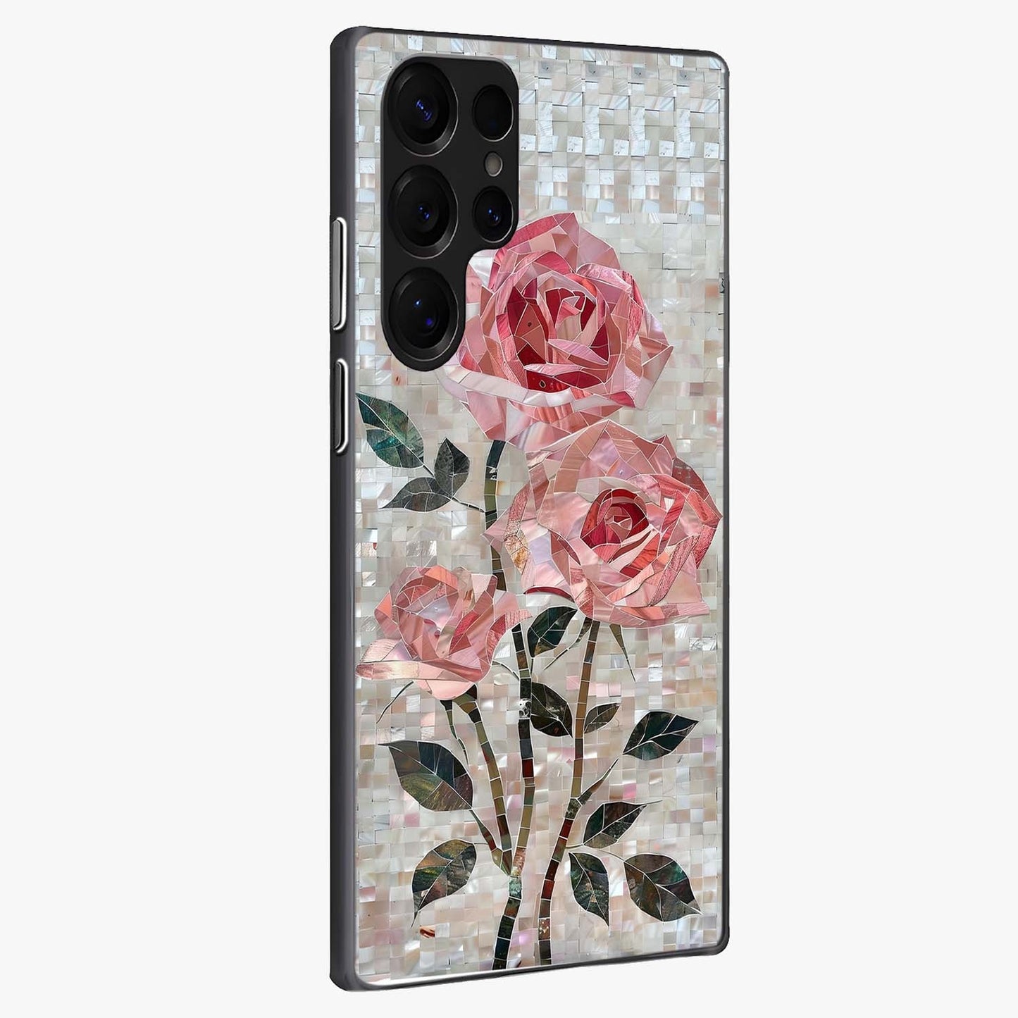 Blush Mosaic Bloom Glass Case upright view showcasing decorative floral mosaic artwork with stylish modern aesthetic.