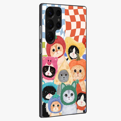 Cats in Fruits Glass Case upright view showcasing charming cat artwork with fun fruity theme.