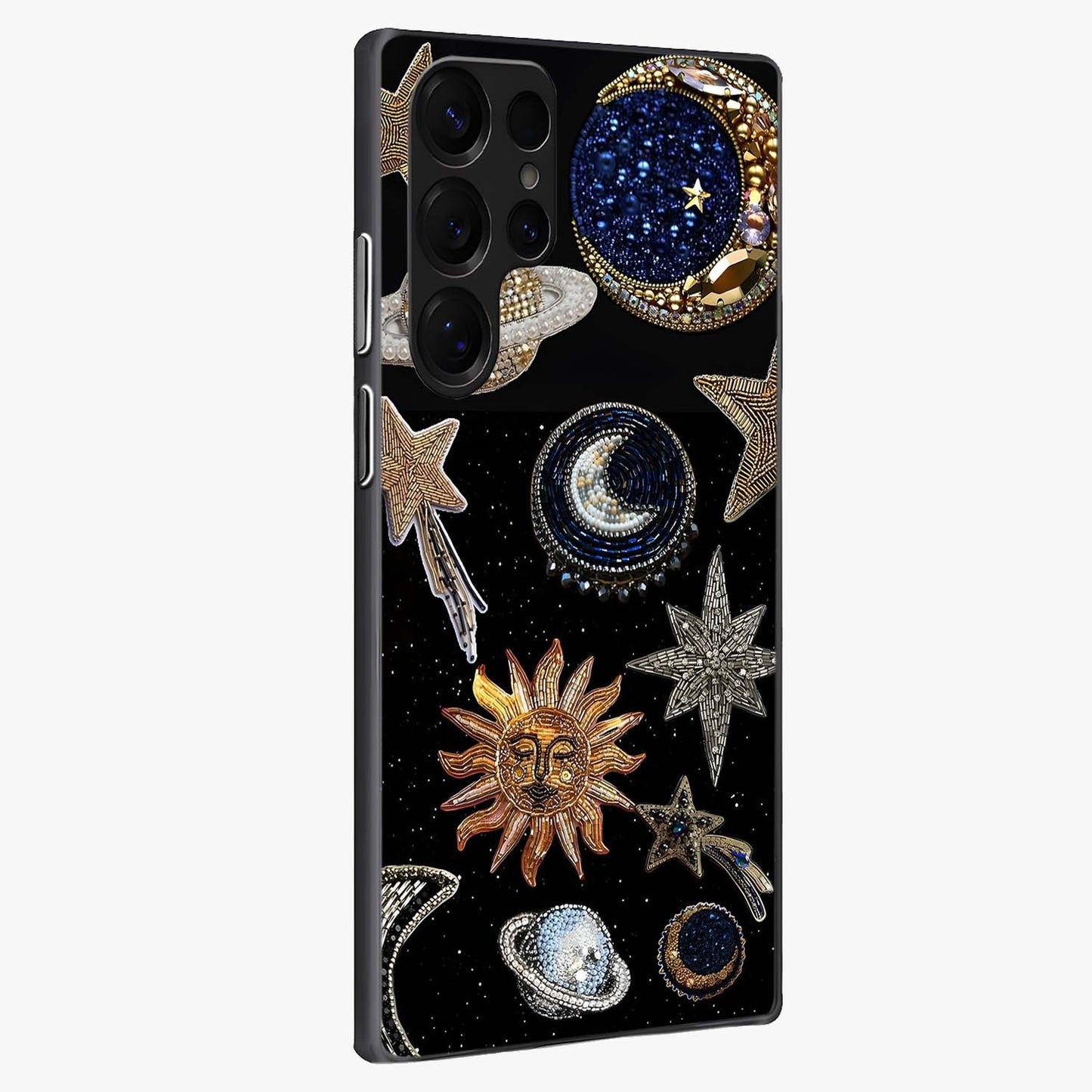 Celestial Gem Constellations Glass Case upright view showcasing cosmic constellation artwork with celestial aesthetic style.
