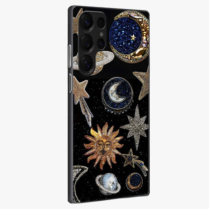 Celestial Gem Constellations Glass Case upright view showcasing cosmic constellation artwork with celestial aesthetic style.