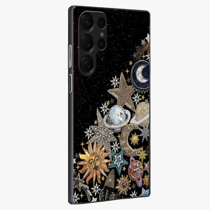 Cosmic Sparkle Dreams Glass Case upright view showcasing glowing cosmic artwork with magical galaxy theme.