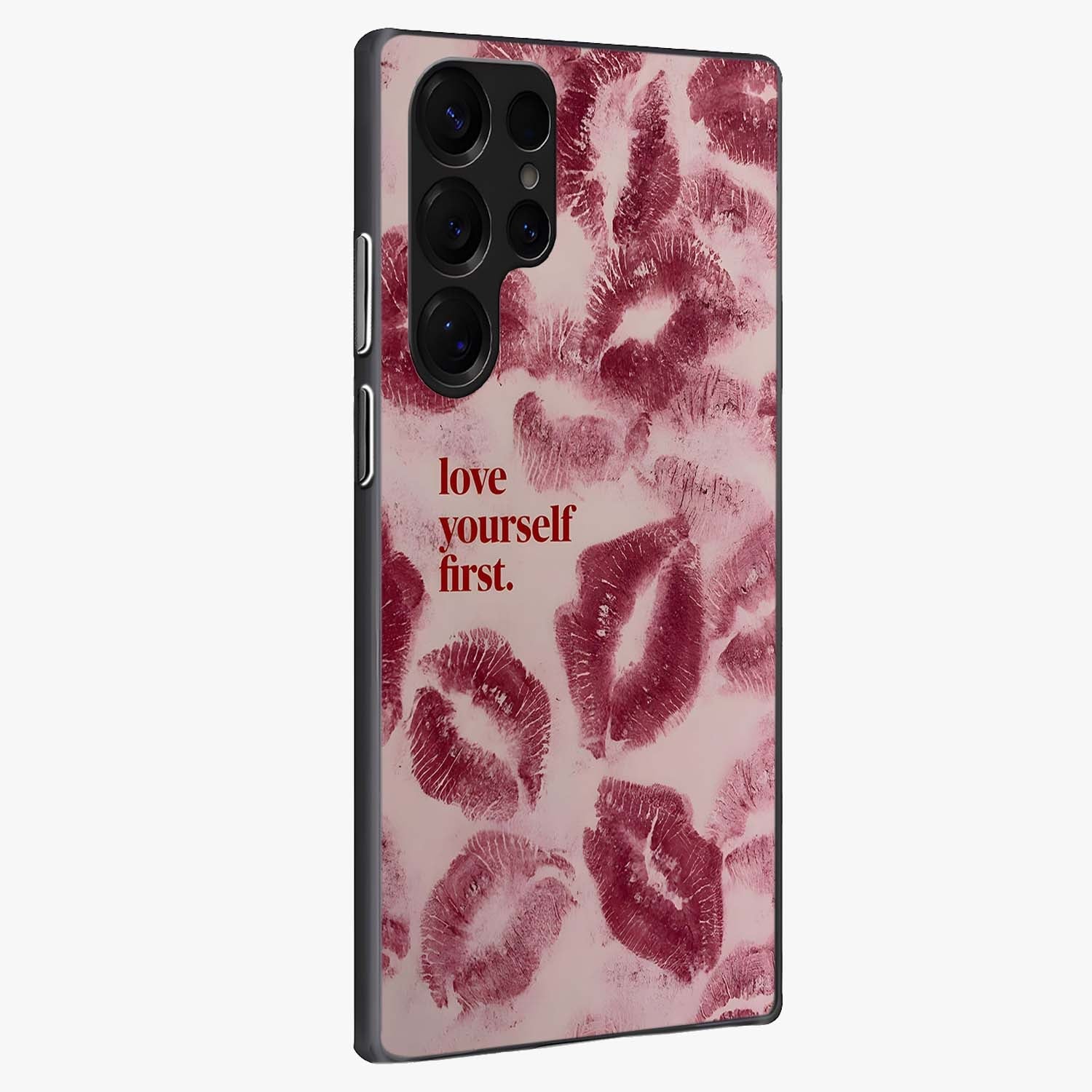 Crimson Kiss Love Glass Case upright view showcasing expressive romantic artwork with deep crimson theme.