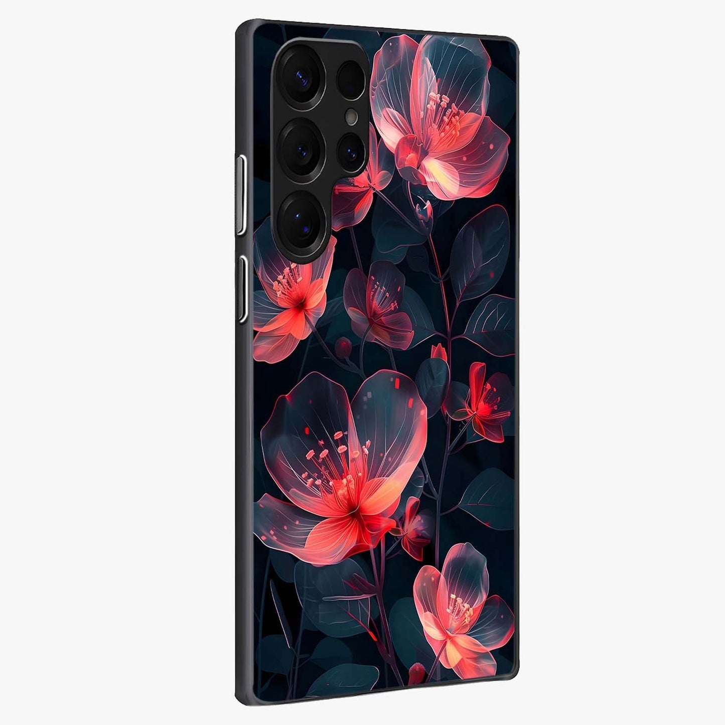 Dark Shade of Flower Glass Case upright view showcasing delicate flower artwork with rich dark floral theme.