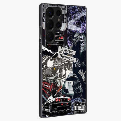 Die Young Glass Case upright view showcasing striking typography artwork with modern statement theme.