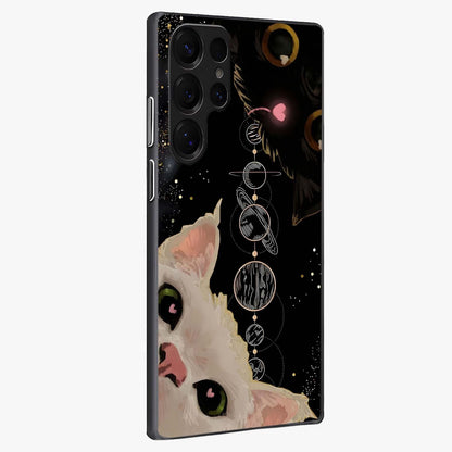 Galactic Cat Glass Case upright view showcasing mystical cat artwork with dreamy cosmic theme.