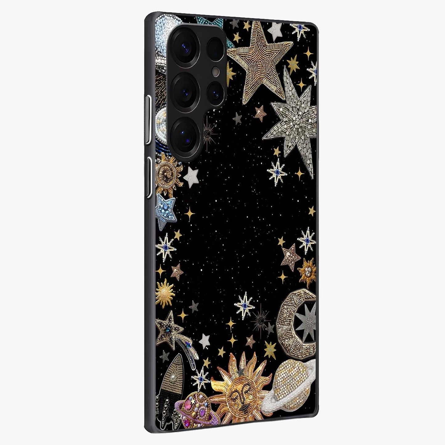 Galactic Jewel Stars Glass Case upright view showcasing glittering star jewel artwork with vibrant galaxy theme.