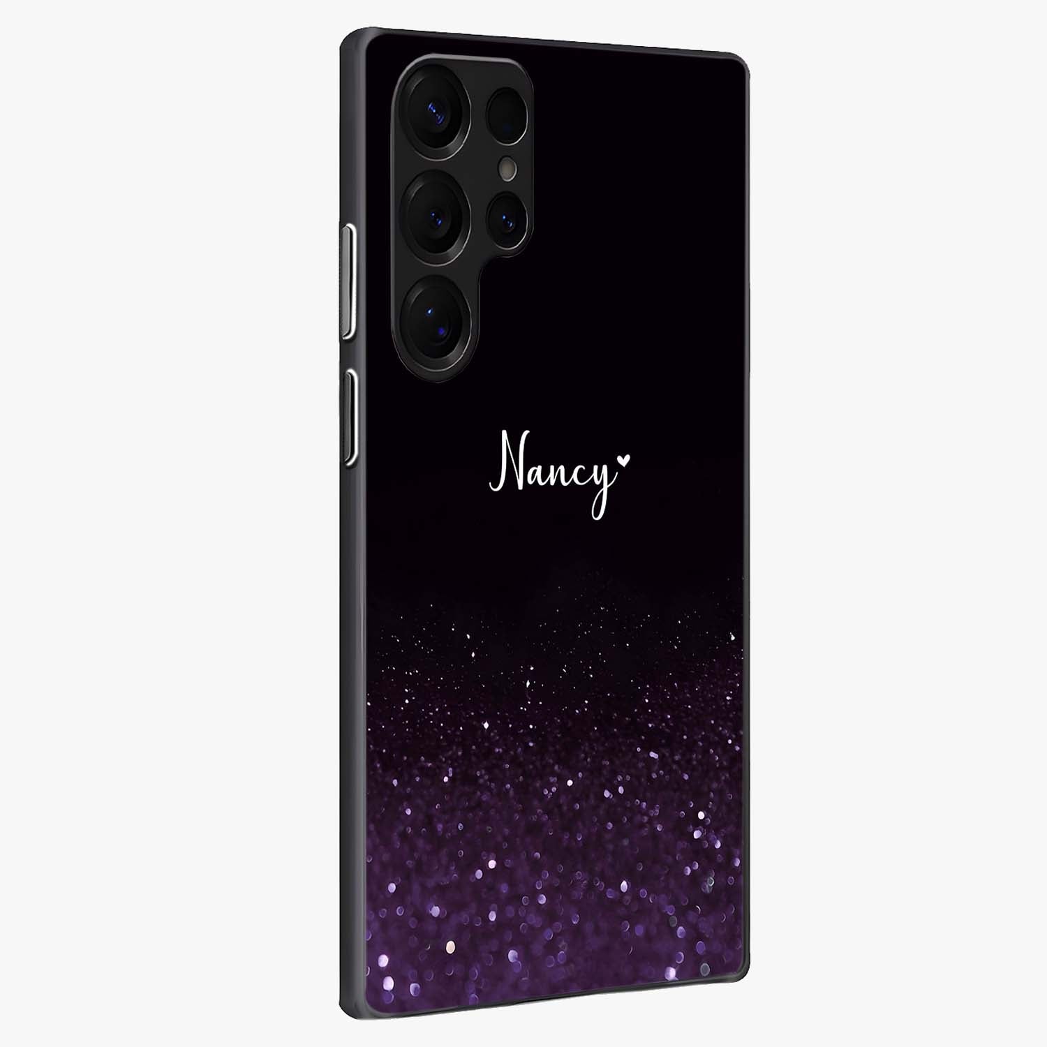 Glittery Purple Bokeh Custom Name Glass Case upright view showcasing vibrant purple sparkle artwork with personalized aesthetic style.