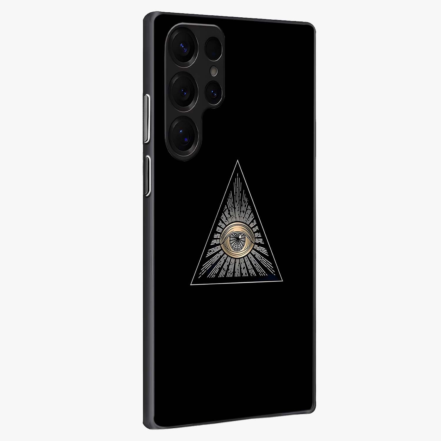 Illuminati Evil Glass Case upright view showcasing striking illuminati artwork with mysterious symbolic theme.