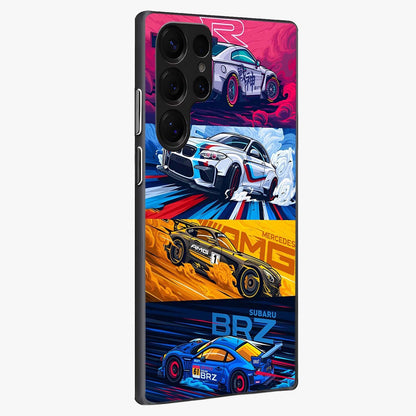 JDM Sports Car Glass Case upright view showcasing dynamic sports car artwork with bold racing theme.