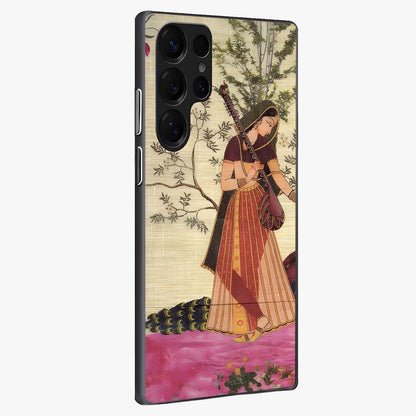 Lady With Veena Art Glass Case upright view showcasing classical veena artwork with traditional artistic theme.