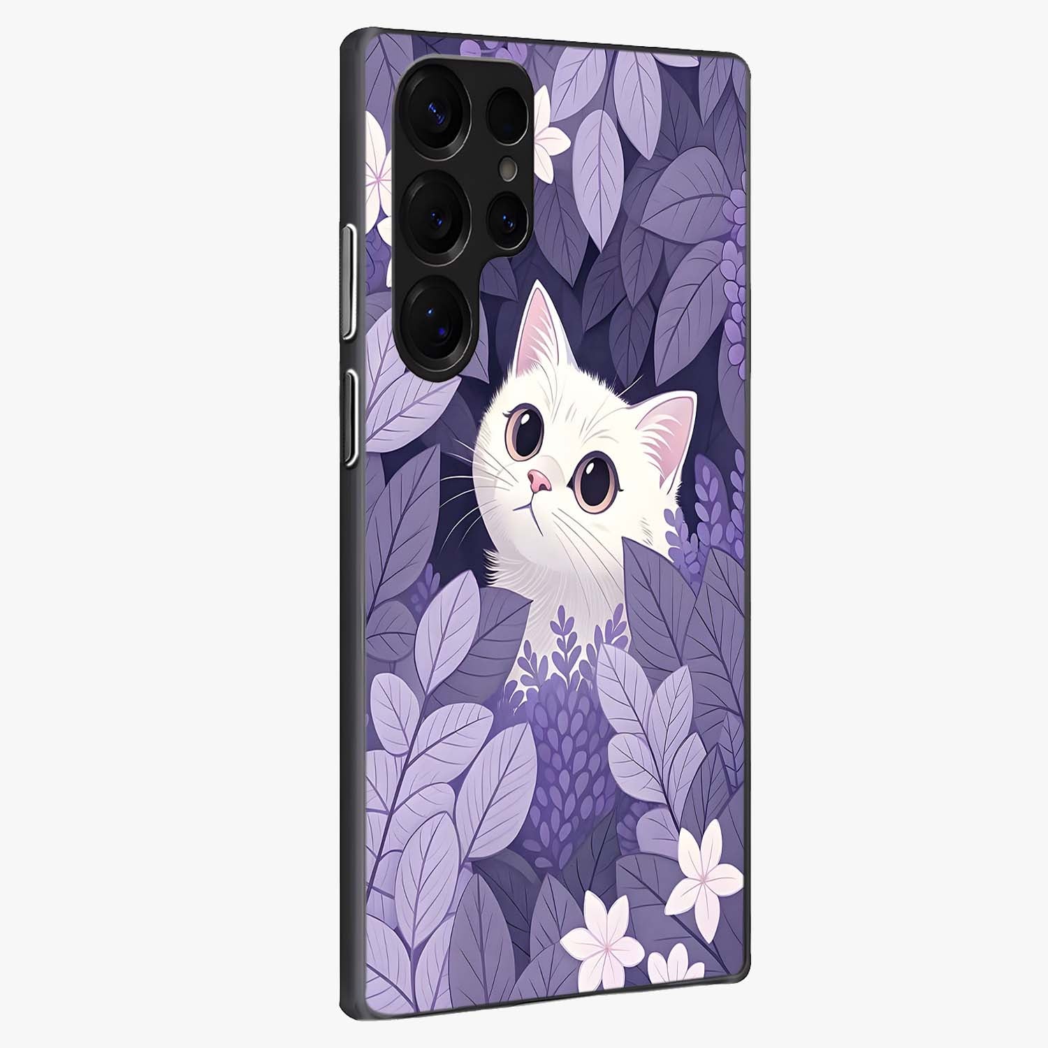 Lilac Hide Peek Cat Glass Case upright view showcasing charming cat artwork with adorable peek theme.