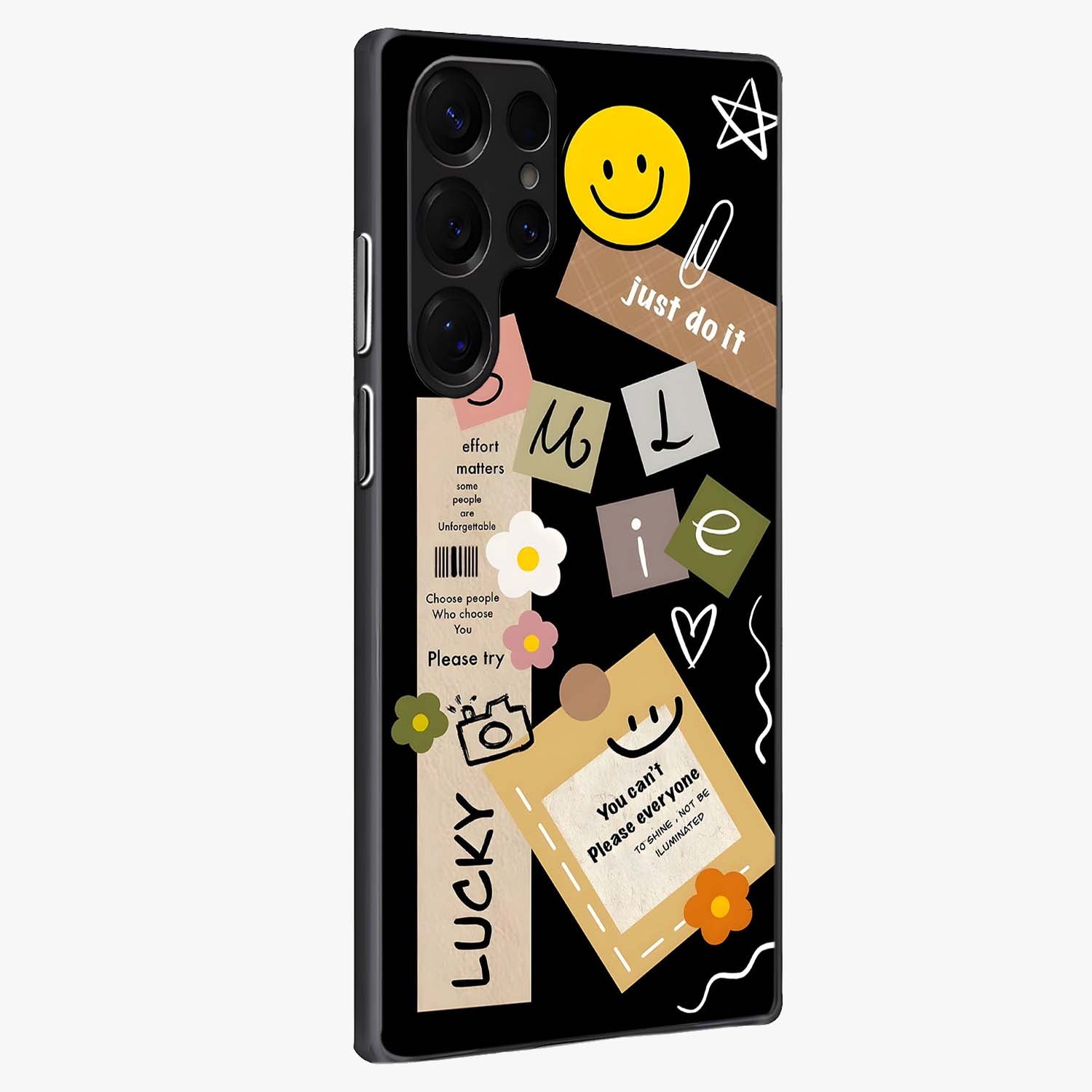 Lucky Aesthetic Collage Glass Case upright view showcasing vibrant collage artwork with youthful aesthetic theme.