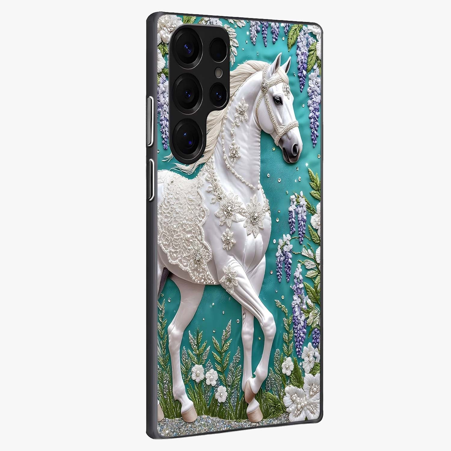 Majestic Floral Stallion Glass Case upright view showcasing dramatic horse artwork with decorative floral theme.