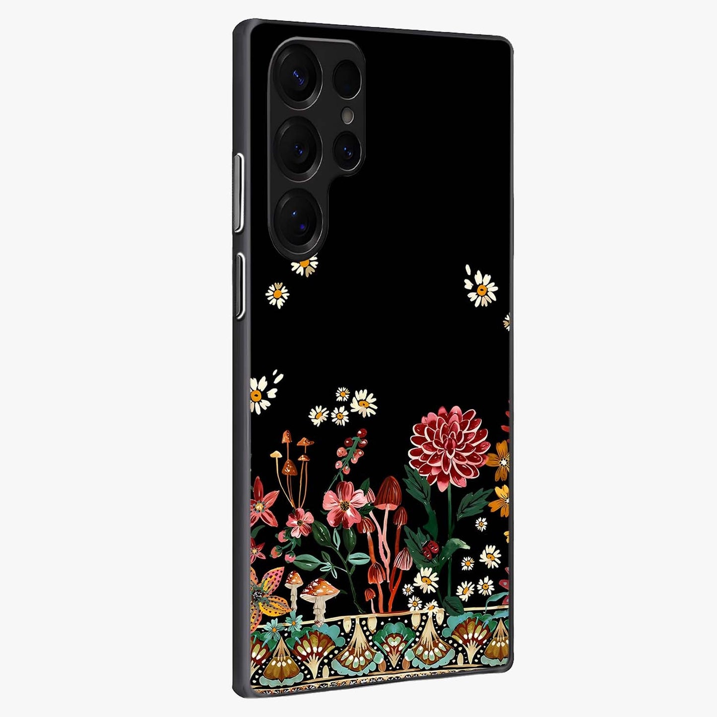 Midnight Bloom Pattern Glass Case upright view showcasing decorative floral artwork with deep night themed palette.
