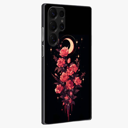 Moonlit Floral Elegance Glass Case upright view showcasing delicate floral artwork with refined night inspired theme.