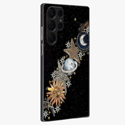 Pearls Universe Object Glass Case upright view showcasing decorative pearl themed artwork with cosmic elegance.