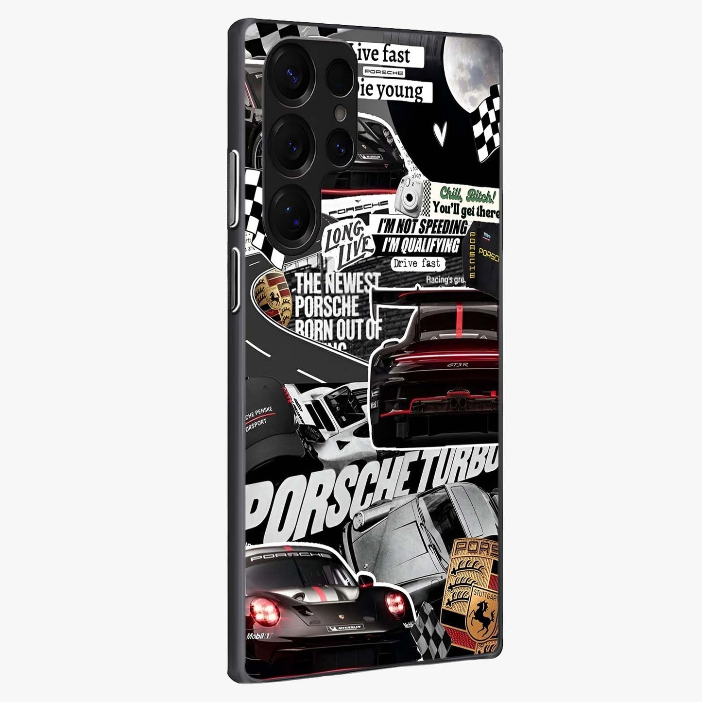 Porsche Racing Collage Glass Case upright view showcasing energetic car collage artwork with high speed racing theme.