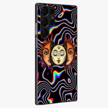 Psychedelic Sun Glass Case upright view showcasing trippy sun artwork with bold psychedelic theme.