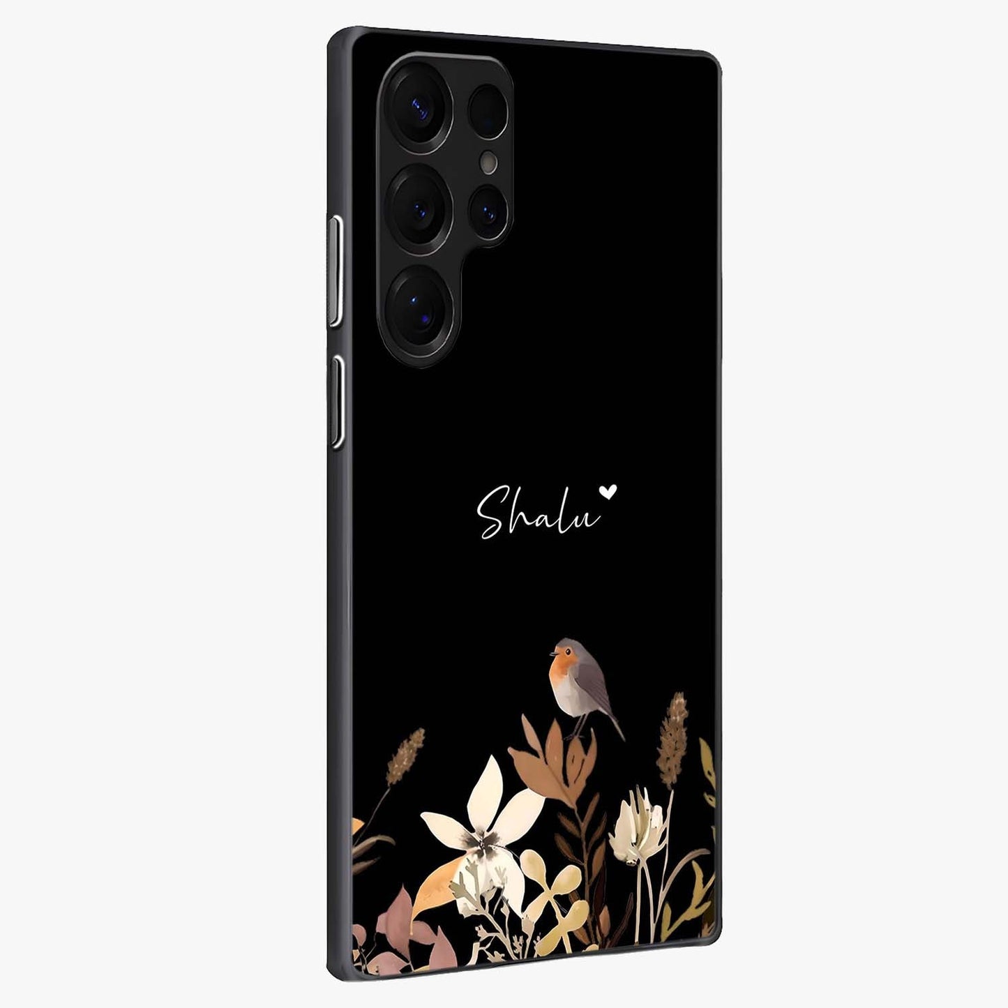 Quiet Garden Tune Custom Name Glass Case upright view showcasing serene botanical artwork with personalized aesthetic.