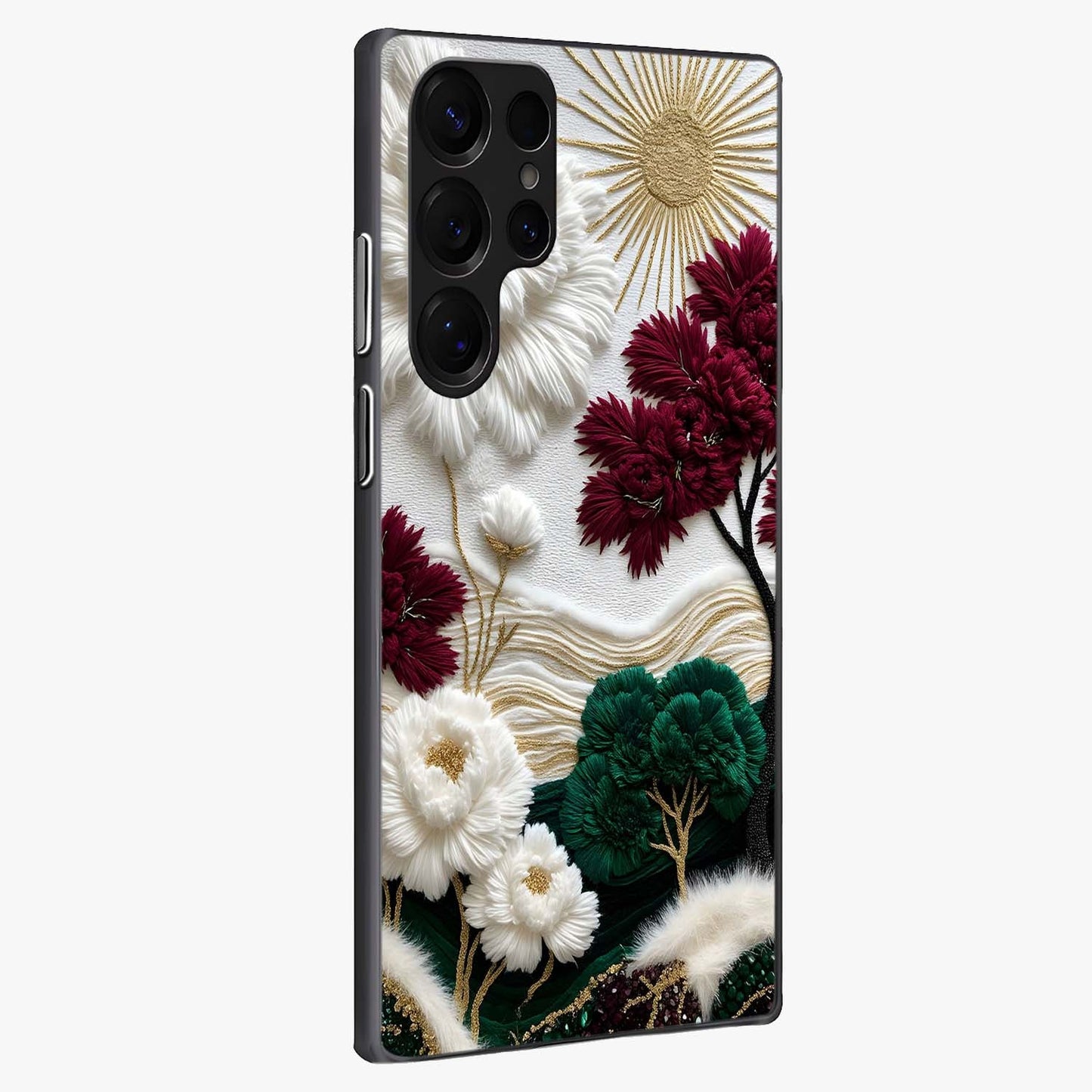 Radiant Bloom Elegance Glass Case upright view showcasing decorative flower artwork with refined botanical theme.