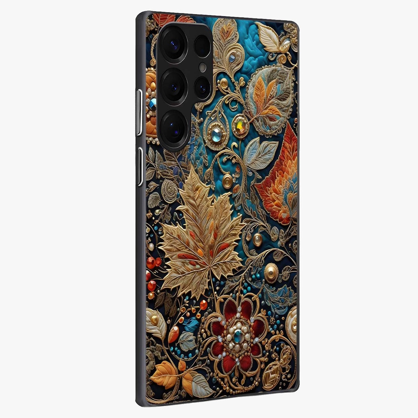 Royal Jewel Garden Glass Case upright view showcasing rich floral artwork with luxurious garden theme.