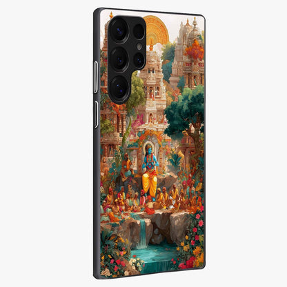 Sacred Sunlight Gods Glass Case upright view showcasing glowing divine artwork with sacred mythological theme.