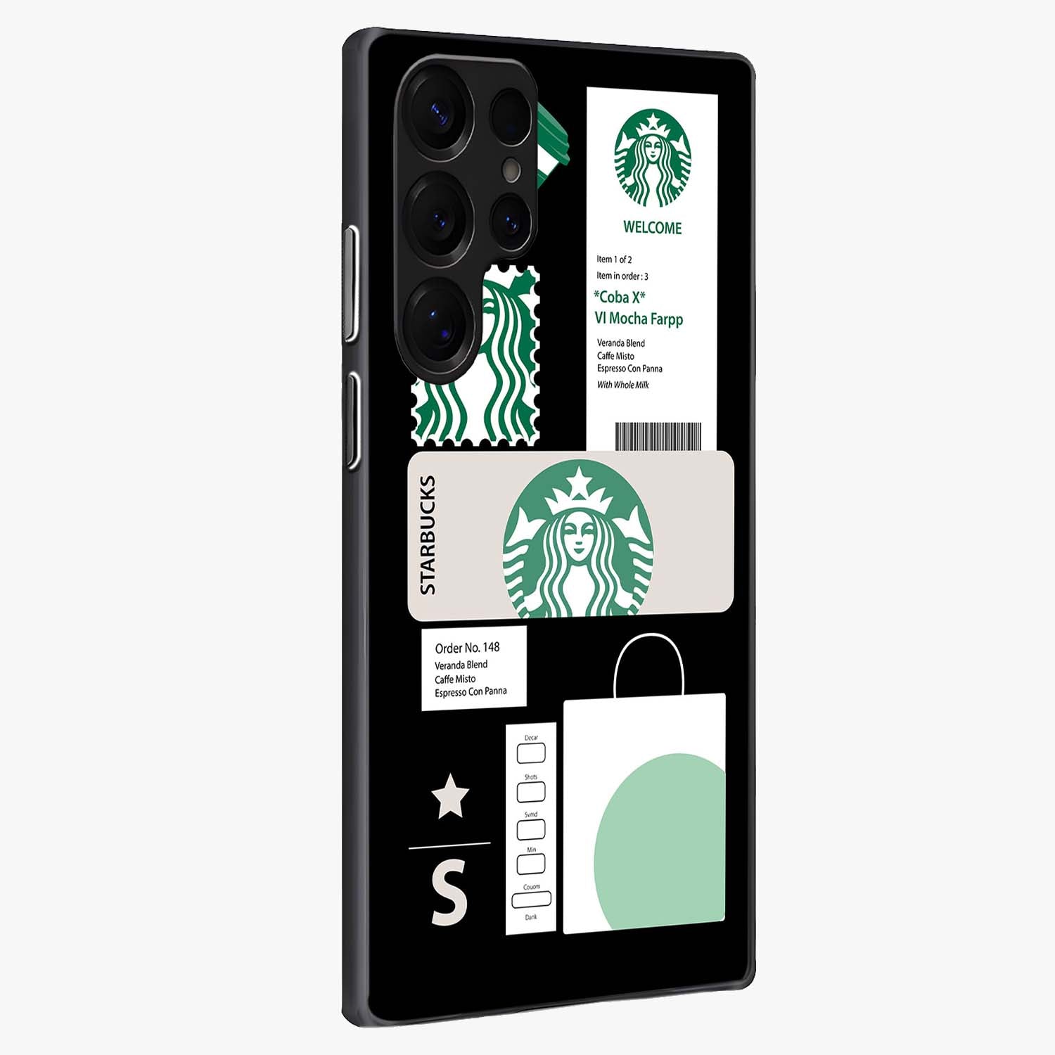 Starbucks Mocha Glass Case upright view showcasing trendy coffee inspired artwork with modern lifestyle theme.