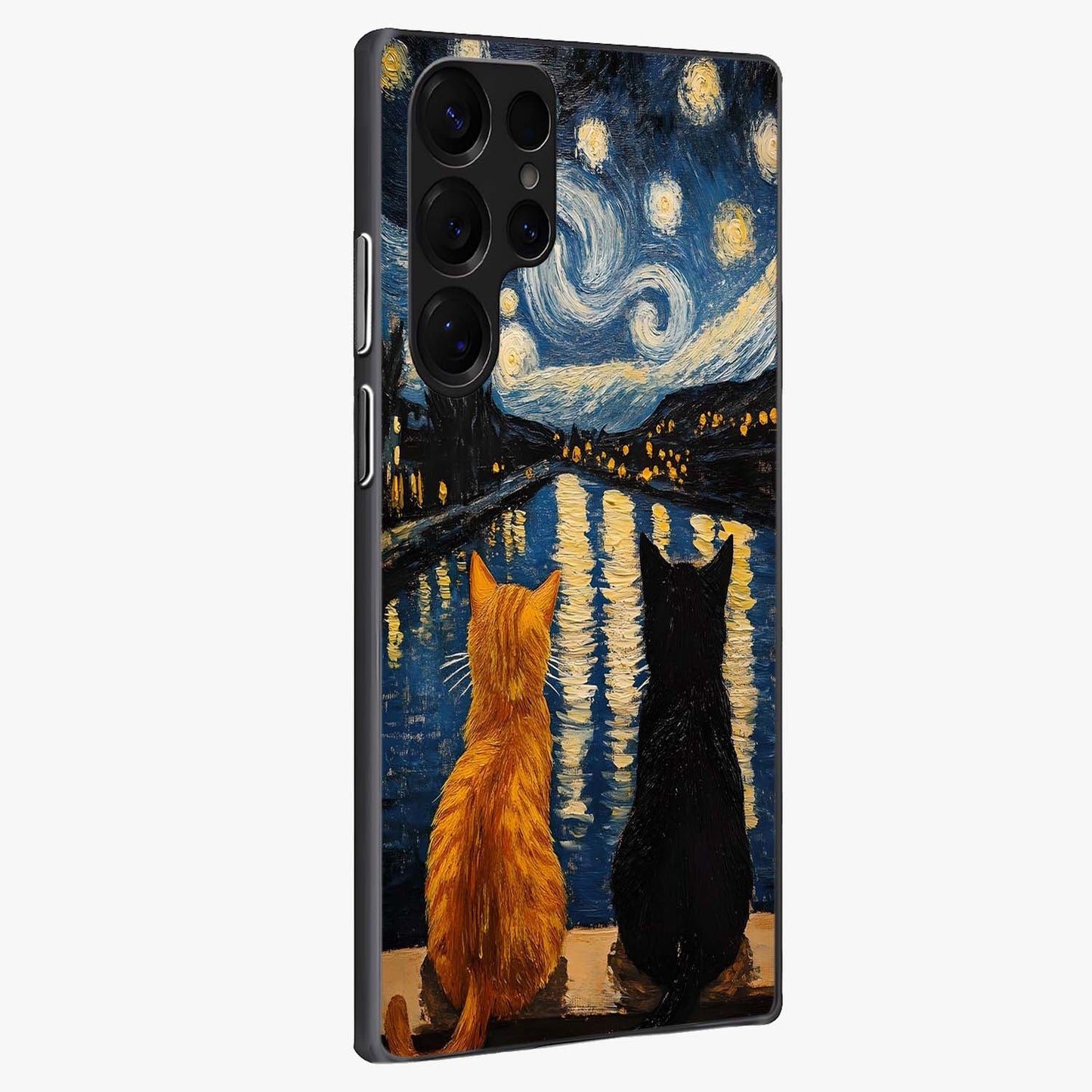 Starry River Cats Glass Case upright view showcasing adorable cat artwork with magical river and stars theme.