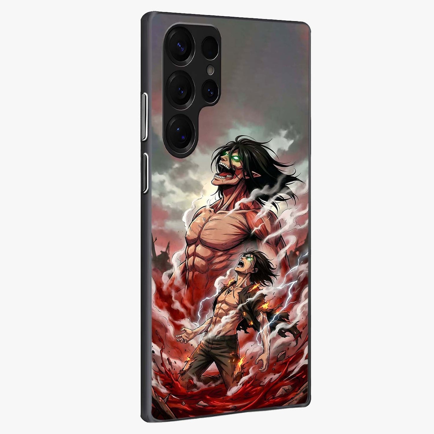 Titan Awakening Fury Glass Case upright view showcasing intense titan artwork with epic fantasy theme.