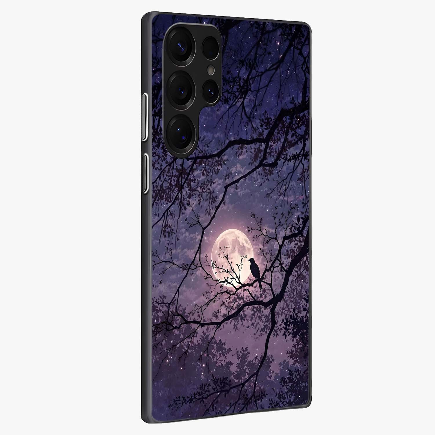 Whispering Moon Silence Glass Case upright view showcasing peaceful moon artwork with tranquil celestial theme.