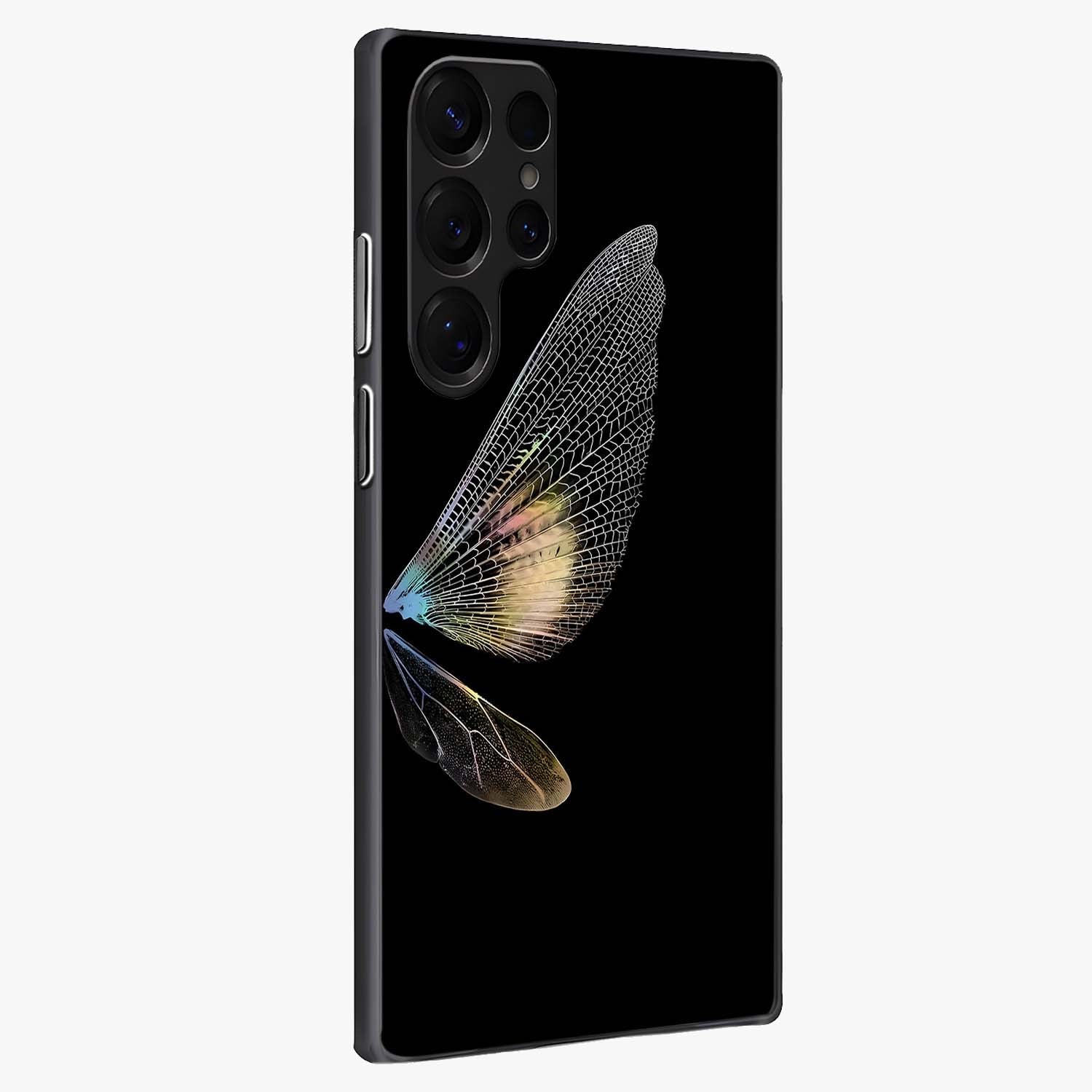 Whispers Of Wings Glass Case upright view showcasing elegant wing artwork with light airy theme.