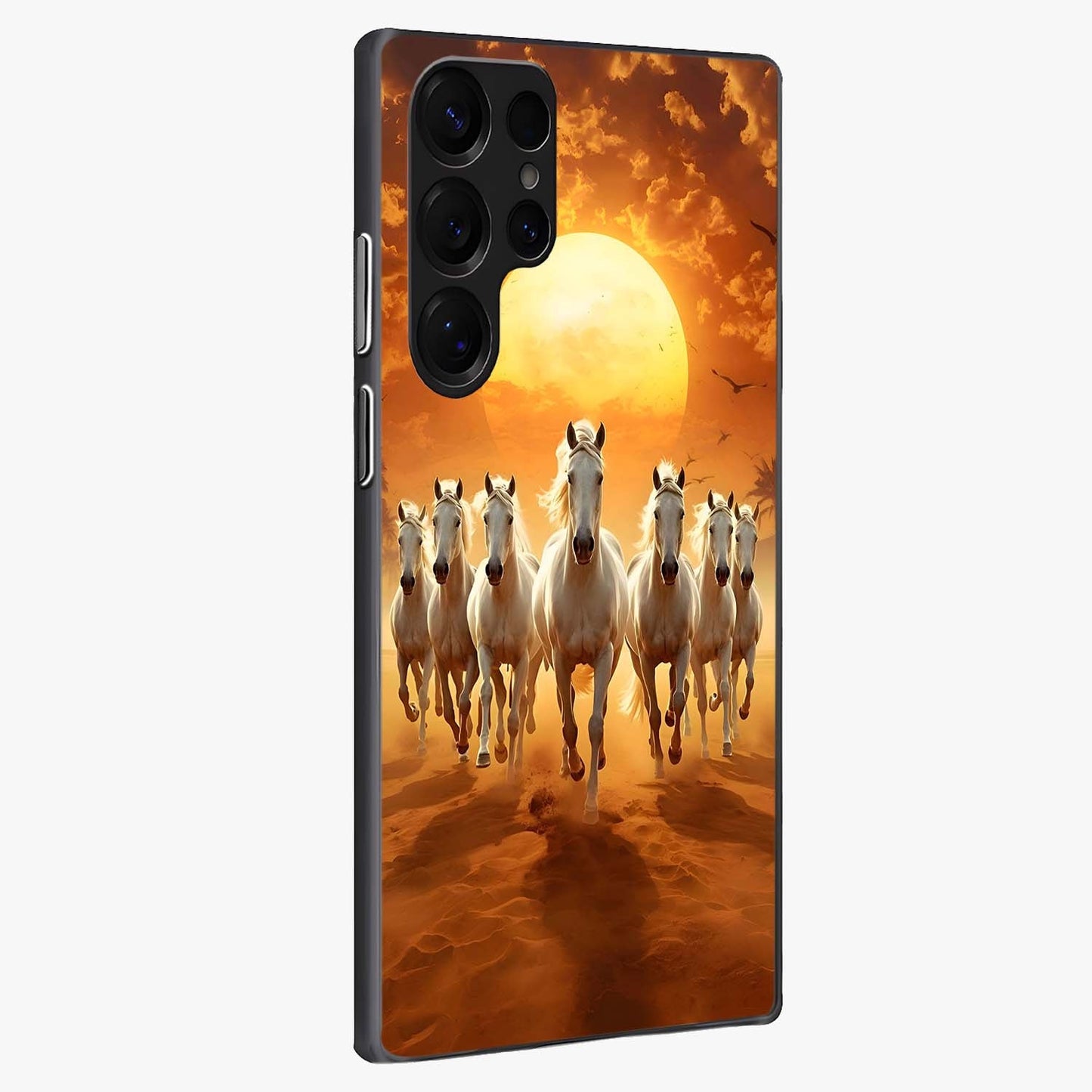 Wild Sunset Majesty Glass Case upright view showcasing dramatic sunset artwork with bold nature theme.