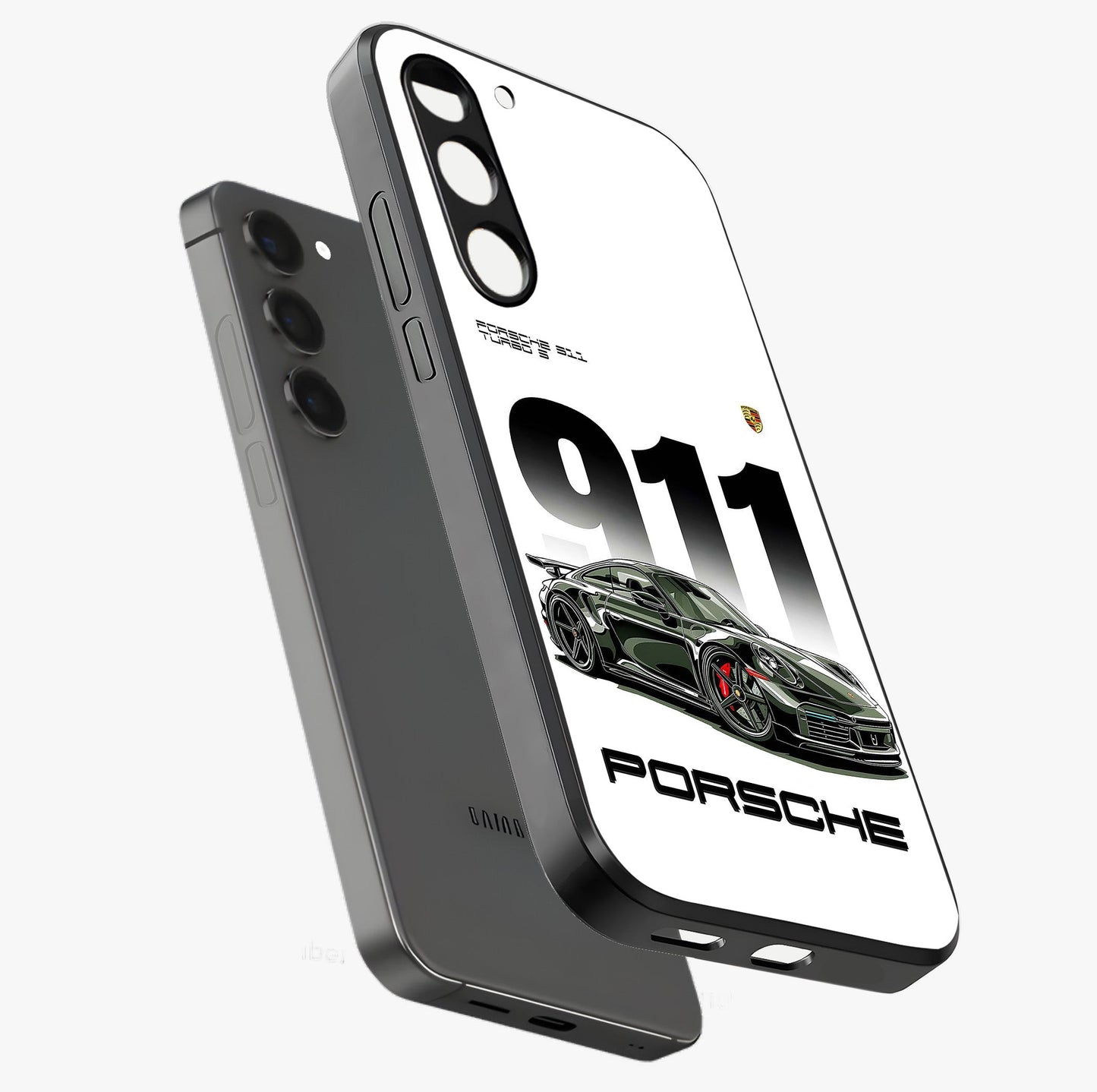 911 Turbo Dominance Glass Case displayed in premium angled mockup highlighting sporty car illustration and sleek glass surface.