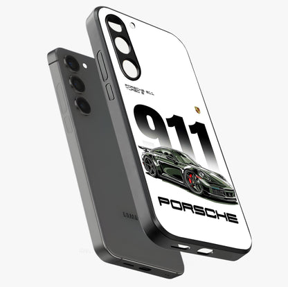 911 Turbo Dominance Glass Case displayed in premium angled mockup highlighting sporty car illustration and sleek glass surface.