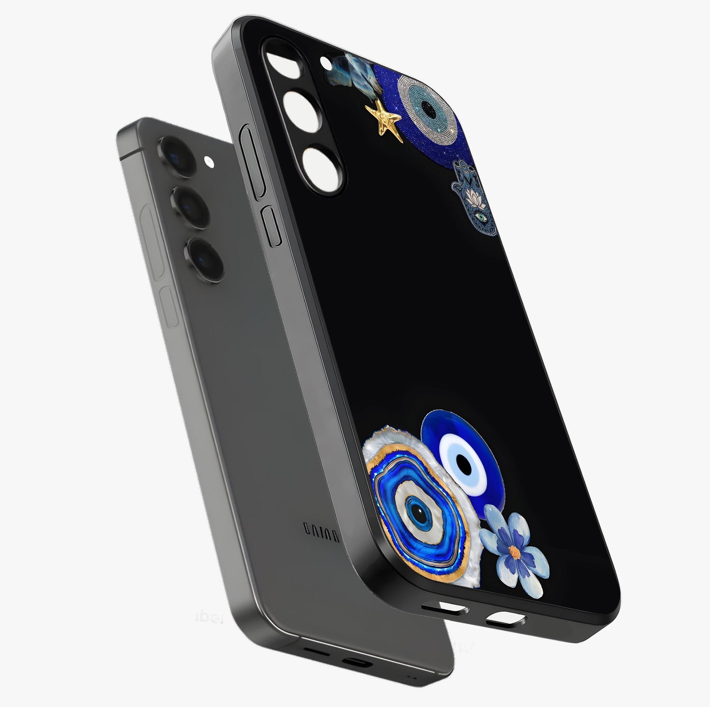 Aesthetic Blue Evil Eye Glass Case displayed in angled mockup highlighting blue evil eye symbol and spiritual aesthetic design.