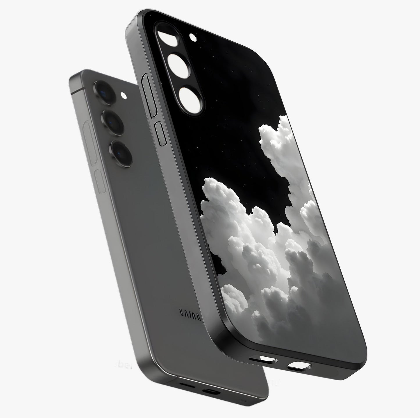 Black Background With White Cloud Glass Case displayed in angled mockup highlighting soft white cloud illustration and minimal design.