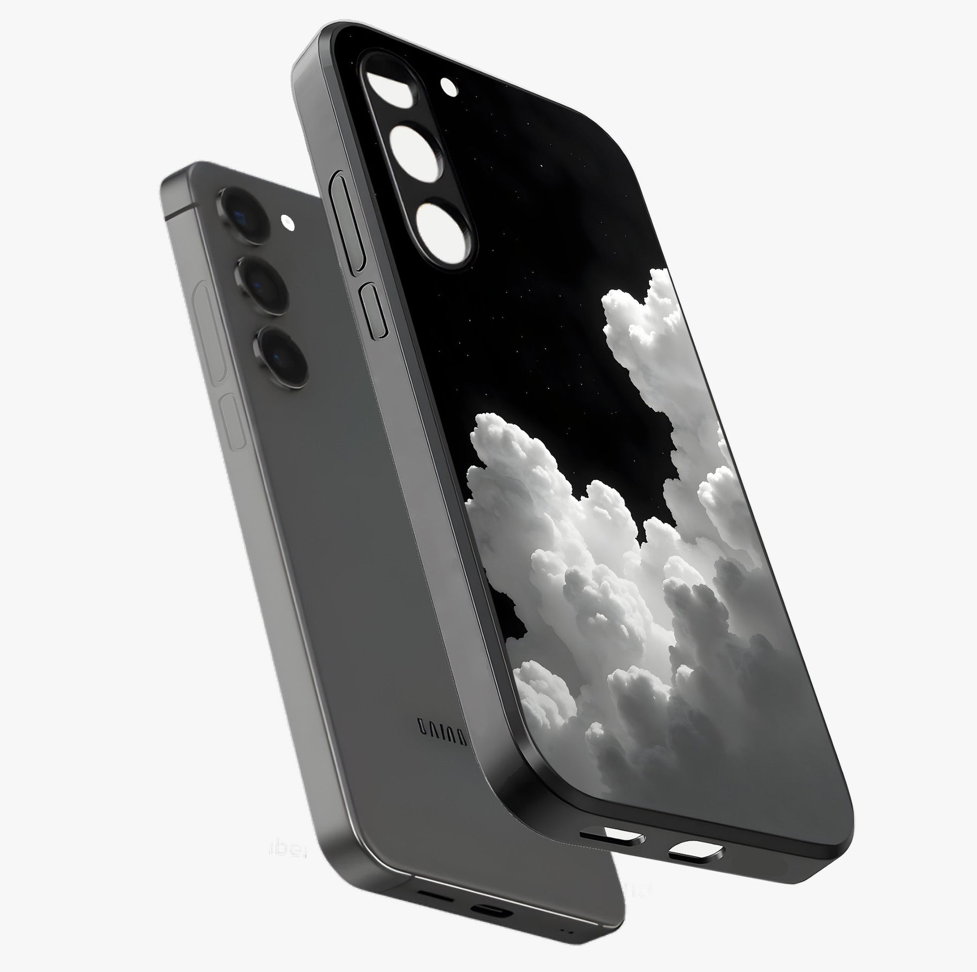 Black Background With White Cloud Glass Case displayed in angled mockup highlighting soft white cloud illustration and minimal design.