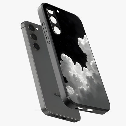 Black Background With White Cloud Glass Case displayed in angled mockup highlighting soft white cloud illustration and minimal design.