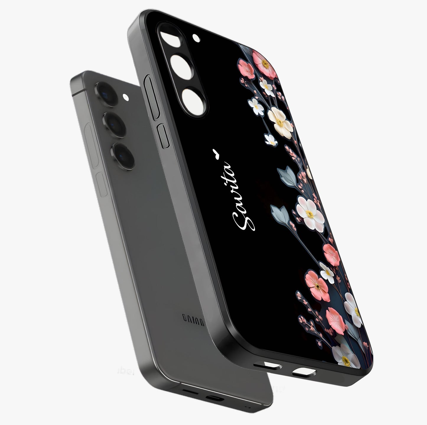 Black Elegance Floral Custom Name Glass Case displayed in angled mockup highlighting dark floral aesthetic and custom name feature.