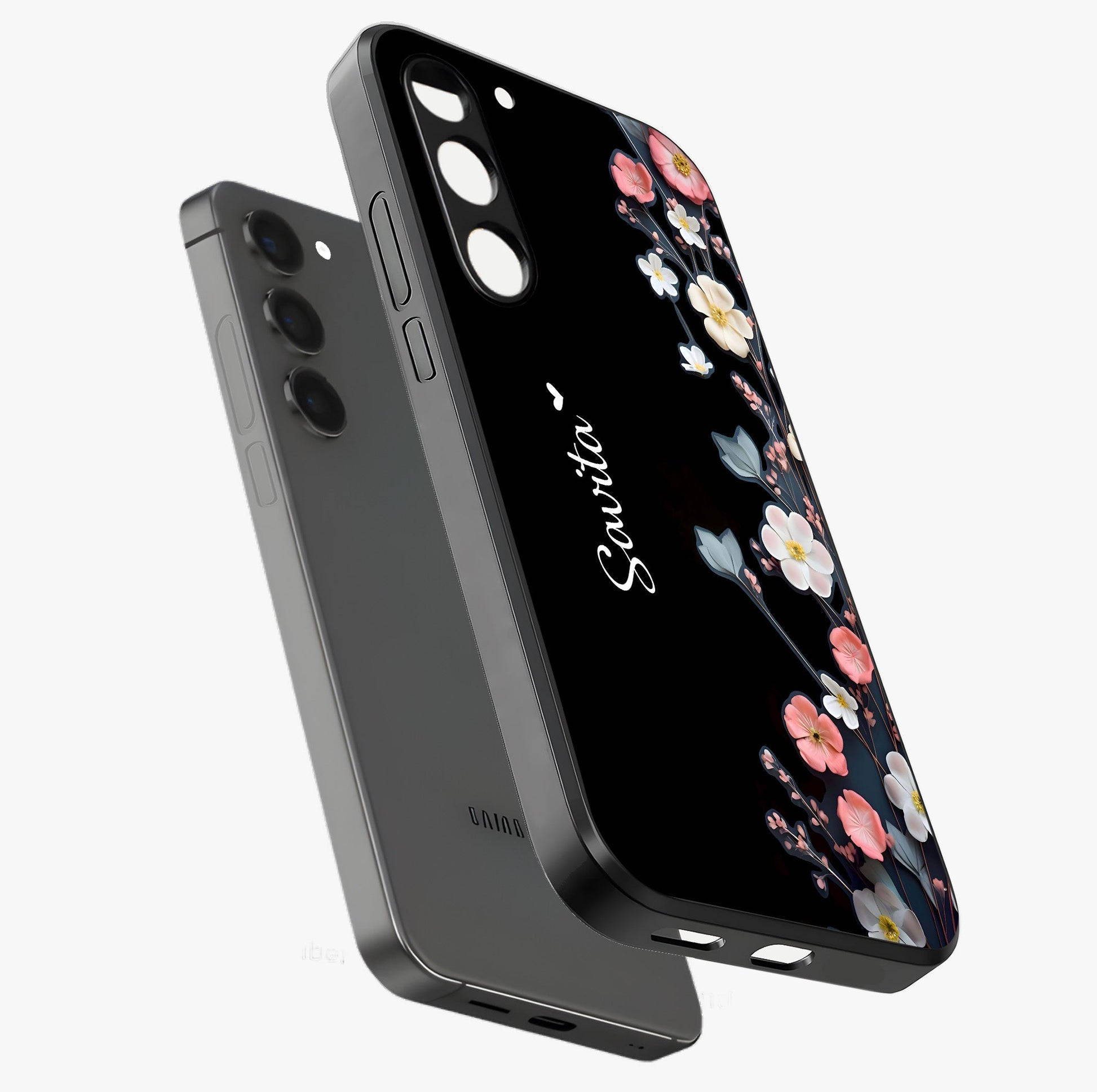 Black Elegance Floral Custom Name Glass Case displayed in angled mockup highlighting dark floral aesthetic and custom name feature.