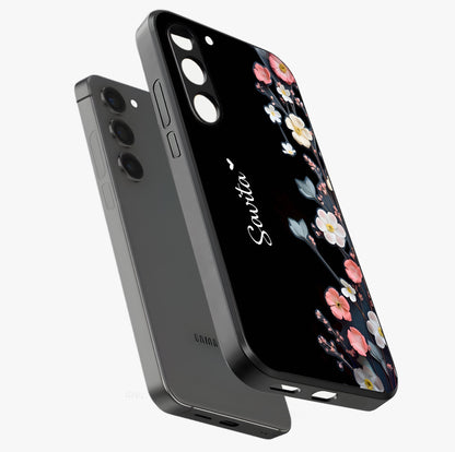 Black Elegance Floral Custom Name Glass Case displayed in angled mockup highlighting dark floral aesthetic and custom name feature.
