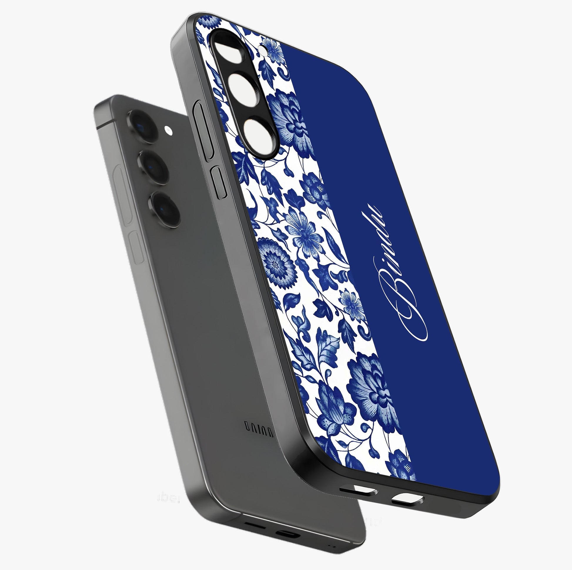 Blue Vintage Floral Pattern Glass Case displayed in angled mockup highlighting subtle bloom pattern with aesthetic pastel design.