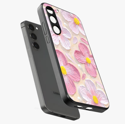 Blush Bloom Texture Glass Case displayed in angled mockup highlighting subtle bloom pattern with aesthetic pastel design.