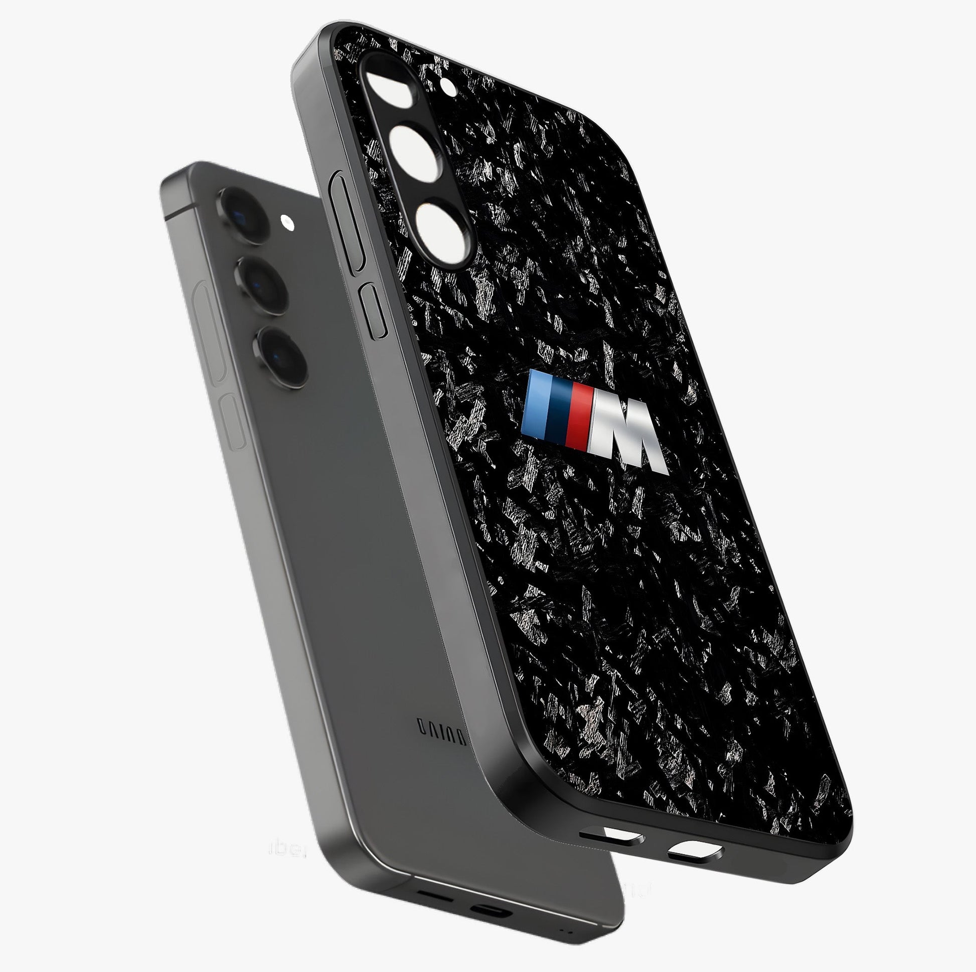 Carbon Speed Mark Glass Case displayed in angled mockup highlighting racing inspired carbon design and sleek aesthetic style.