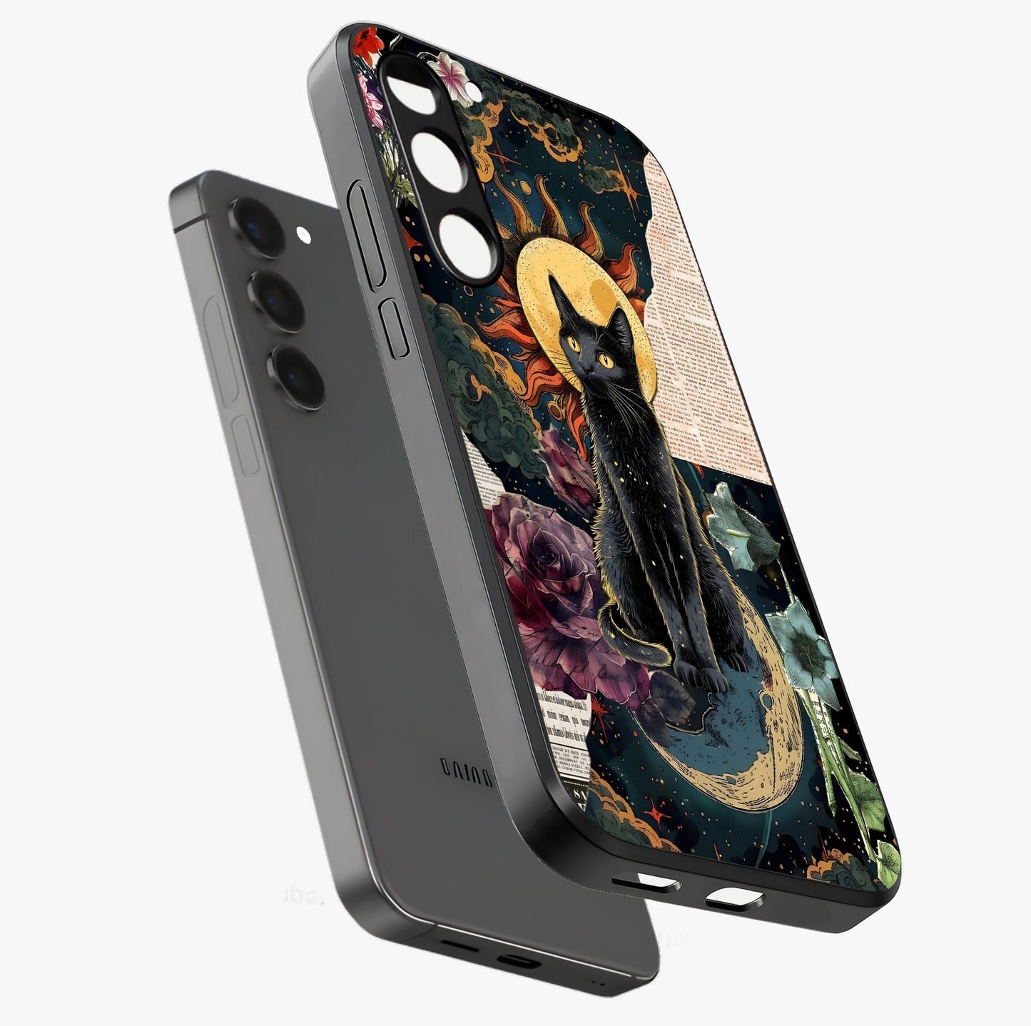 Celestial Black Cat Glass Case displayed in angled mockup highlighting cosmic black cat design with celestial aesthetic.