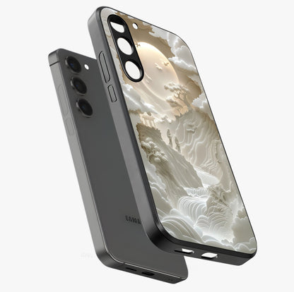 Celestial Origami Glass Case displayed in angled mockup highlighting geometric origami design with cosmic aesthetic theme.